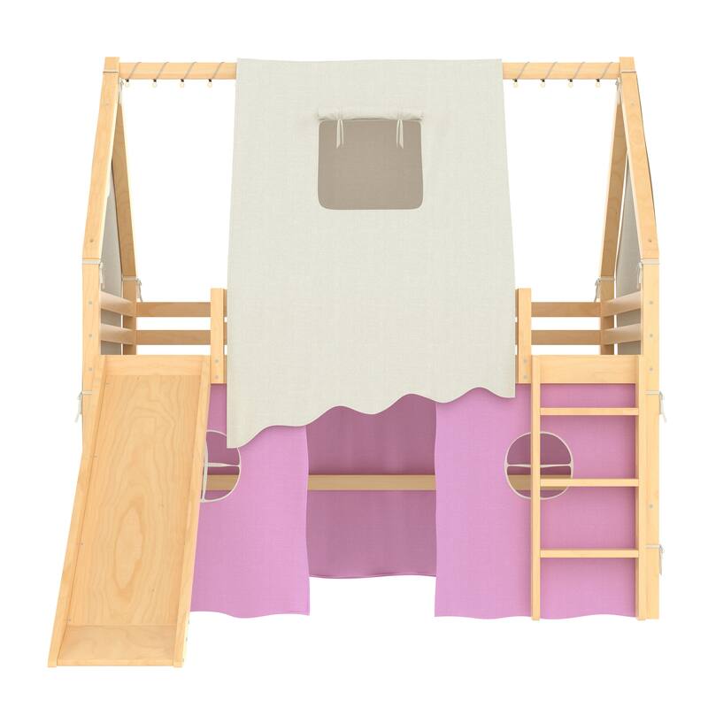 Full Size House Loft Bed with Sills and Tents, Solid Wood Loft Bed with Ladders and Slide, Chic Design with Lights