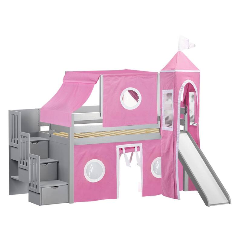 JACKPOT Prince & Princess Low Loft Twin Bed, Stairs Slide Tent & Tower