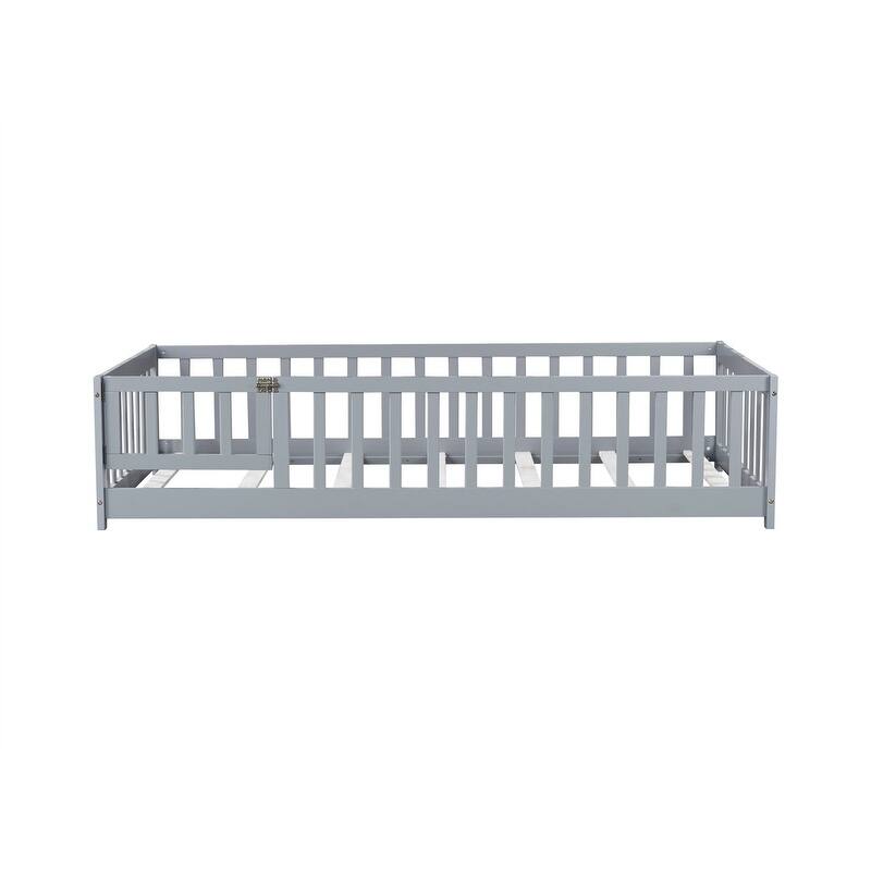 Twin/Full/Queen Size Floor Bed with Fence Guardrails and Door, Rubber Wood Toddler Bed Montessori Bed with Slats Support