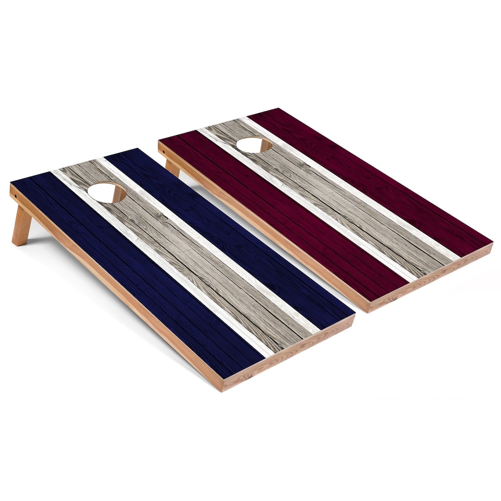 Navy and Maroon Striped Cornhole Boards with Case & Lights