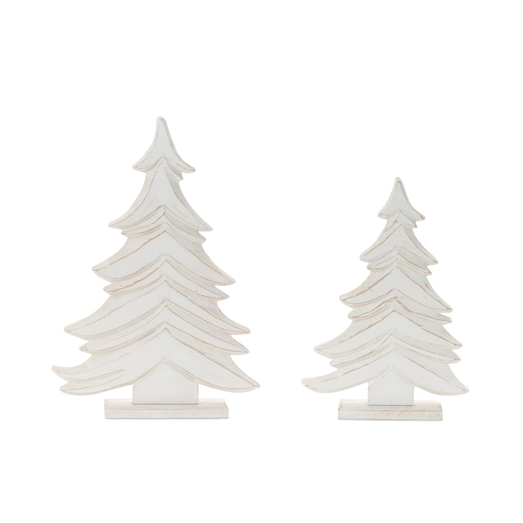 Carved Wood Pine Tree Décor Set of 2 Rustic White & Beige Holiday Decorations - 12” x 2.5” x 17”
