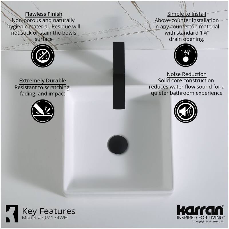 Karran USA QM174 Quattro Matte 14-1/2" Square Acrylic Vessel Bathroom