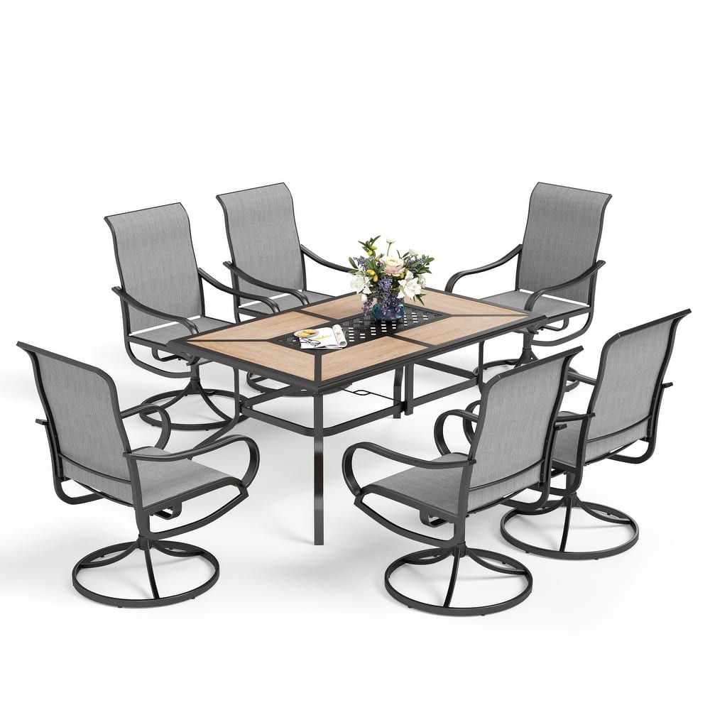 MAISON ARTS 7 PCS Outdoor Patio Dining Set with High Back Textilene Swivel Chair and a Wood Grain Table with Umbrella Hole