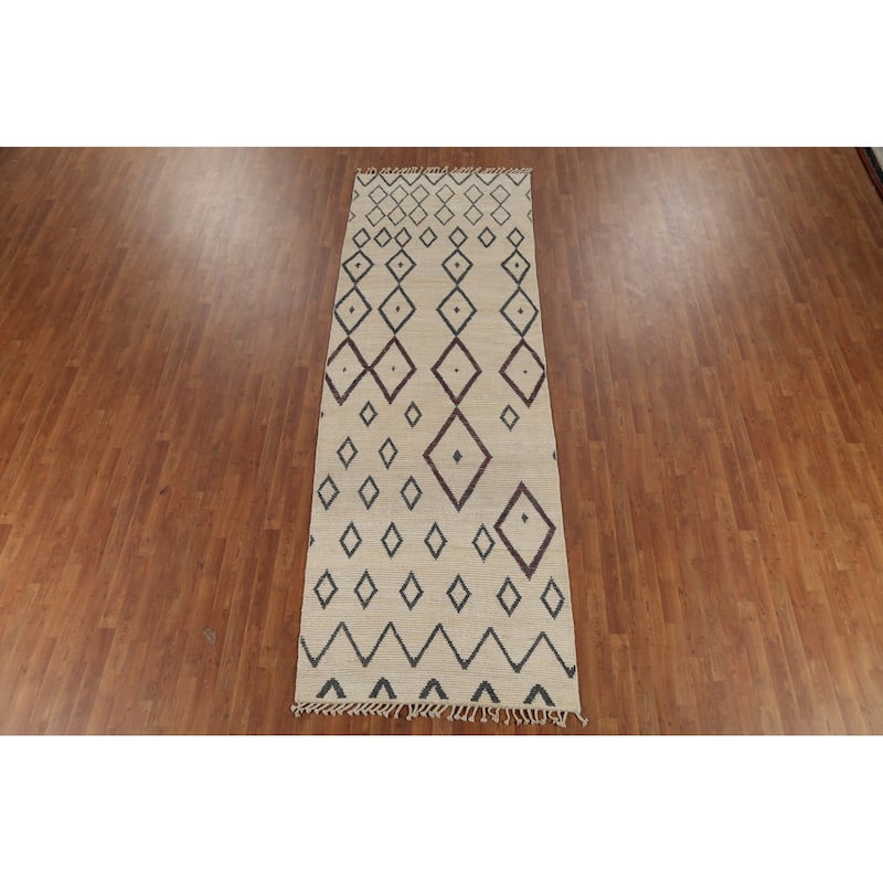 Modern Geometric Moroccan Runner Rug Hand-Knotted Wool Carpet - 3'11"x 11'7"