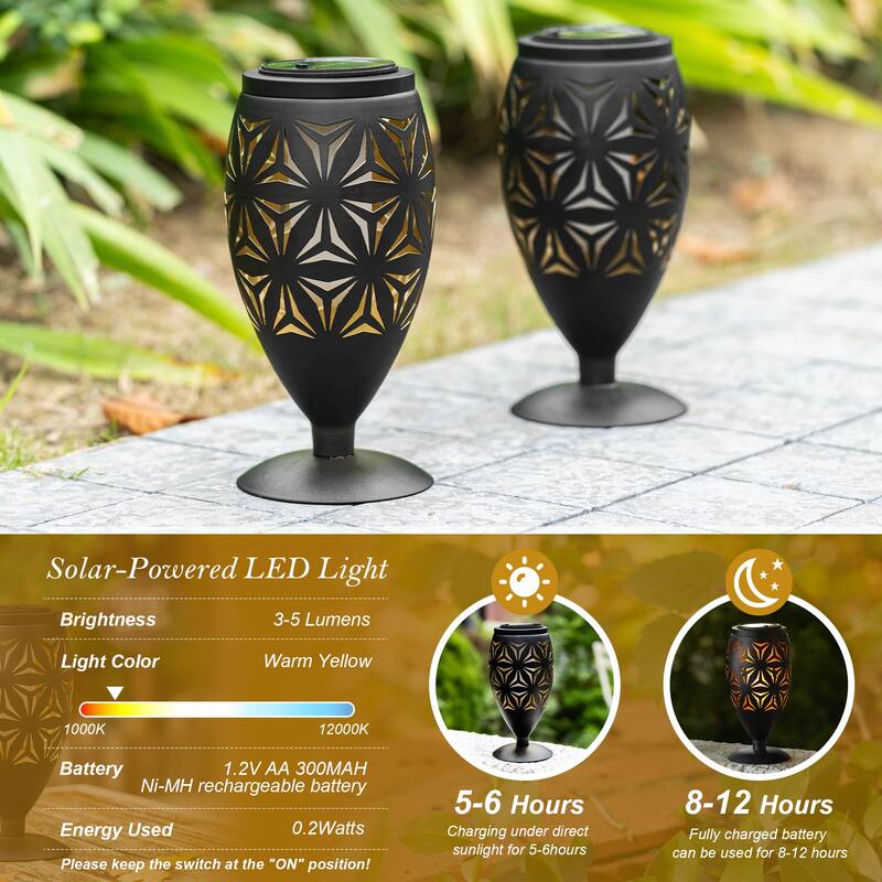 Glitzhome 8.75"H Set of 2 Black Metal Cutout Geometric Pattern Solar Powered Outdoor Lantern with LED Light