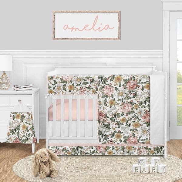 Vintage Floral Boho Collection Girl 5pc Nursery Crib Bedding Set Pink Yellow Green White Shabby Chic Rose Flower Farmhouse Overstock 31290415