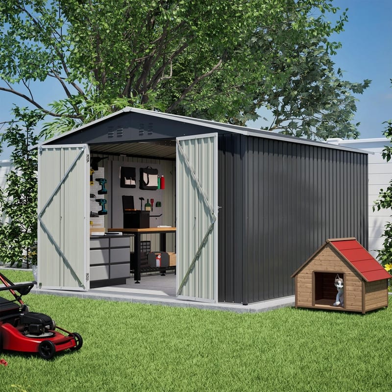 10' x 10' Outdoor Metal Storage Shed, Heavy-Duty Frame with Lockable Double Doors, All-Weather Garden Tool Shed - Black