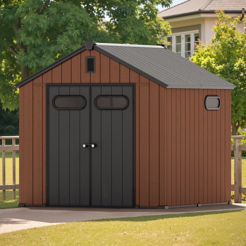 Outdoor Resin Storage Shed with Floor, Garden Shed with Lockable Door, Windows & Vents, Outside Tool Storage Shed - Brown