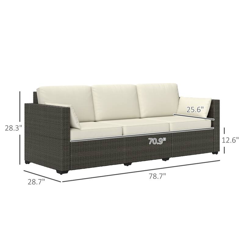3-Seat Cream White Outdoor Rattan Sofa with Cushions and Weather-Resistant Patio Furniture - 78.7" W x 28.7" D x 28.3" H
