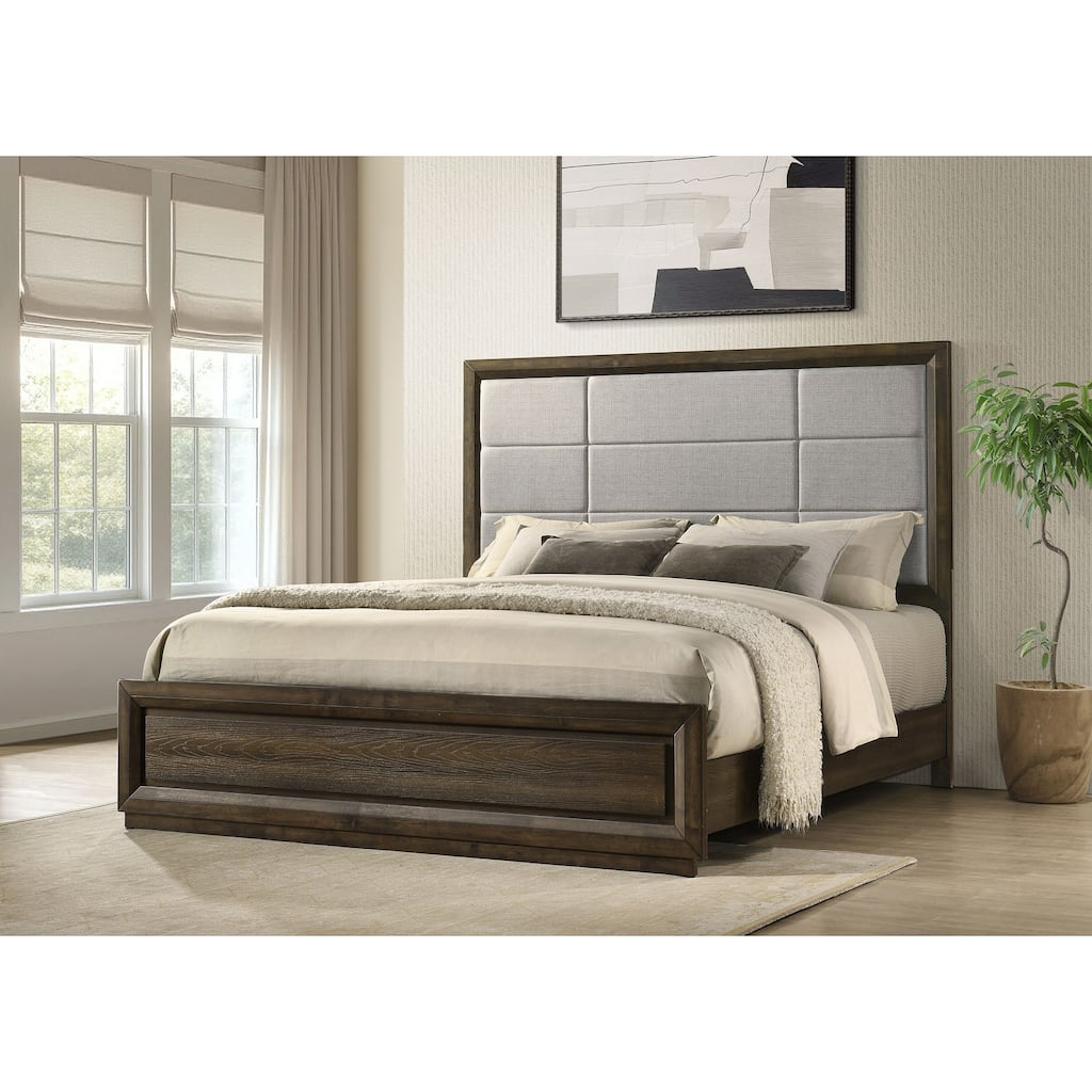 Atlas 63-inch Upholstered Panel Bed Grey and Dark Oak