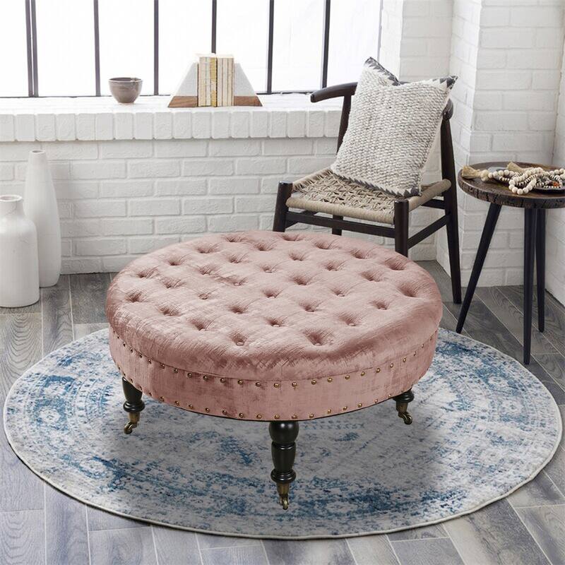 Round Velvet Tufted Coffee Table Ottoman, 34" x 34" x 17" H