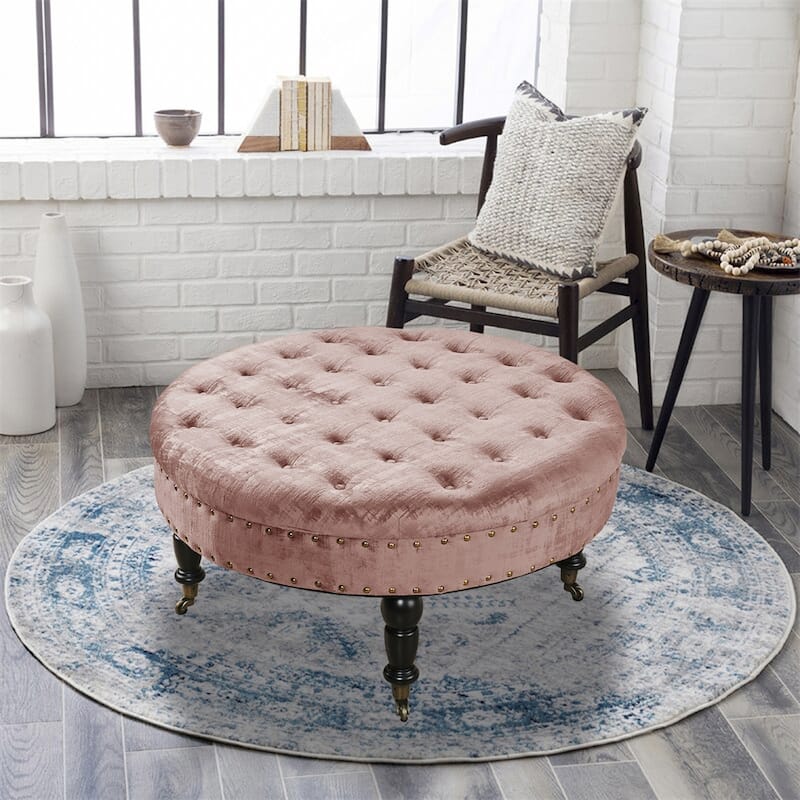 Round Velvet Tufted Coffee Table Ottoman, 34" x 34" x 17" H