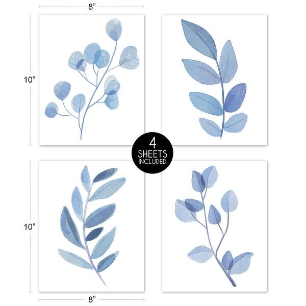 Floral Leaf Wall Decor Art Prints (Set of 4) - Blue Grey White Boho Watercolor Botanical Woodland Tropical Garden Single Flower