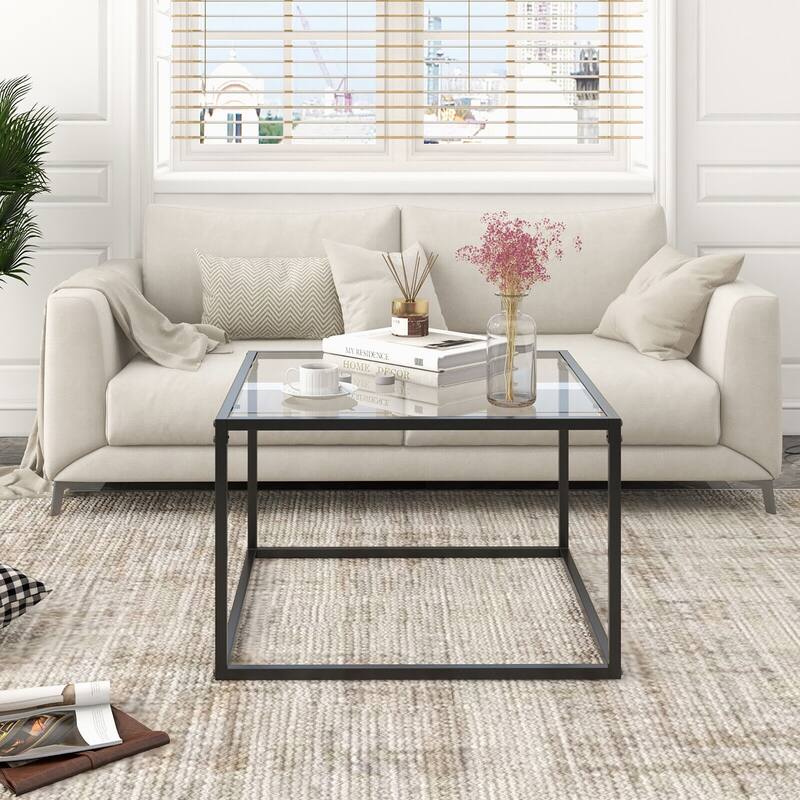 Gymax Glass Coffee Table 27.5 Inch Modern Square Metal Frame Living