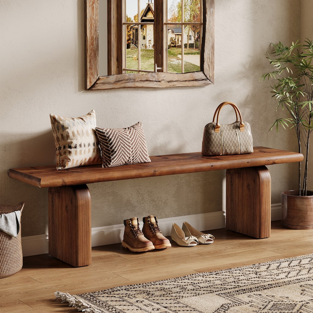 63 Inch Solid Wood Entryway Shoe Bench, Indoor Wood Bench for Bedroom, Hallway, Dining Room, Farmhouse Style