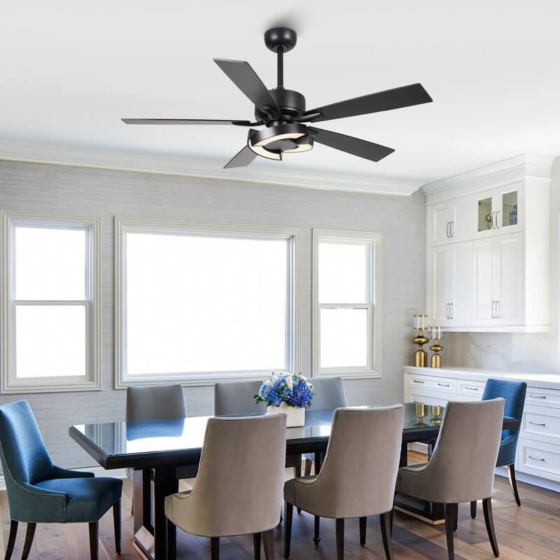 52" Black Wooden 5-Blade Dimmable Modern Ceiling Fan with Light and Remote