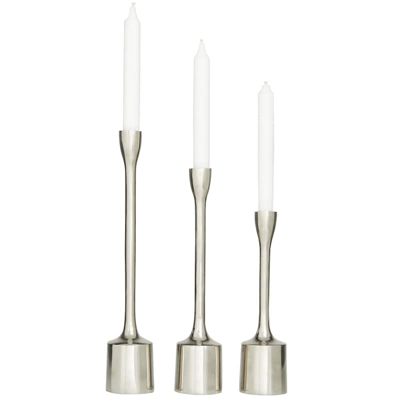 Aluminum Metal Slim Candle Holder with Block Bases - Set of 3 Silver or Gold - CosmoLiving by Cosmopolitan - Silver