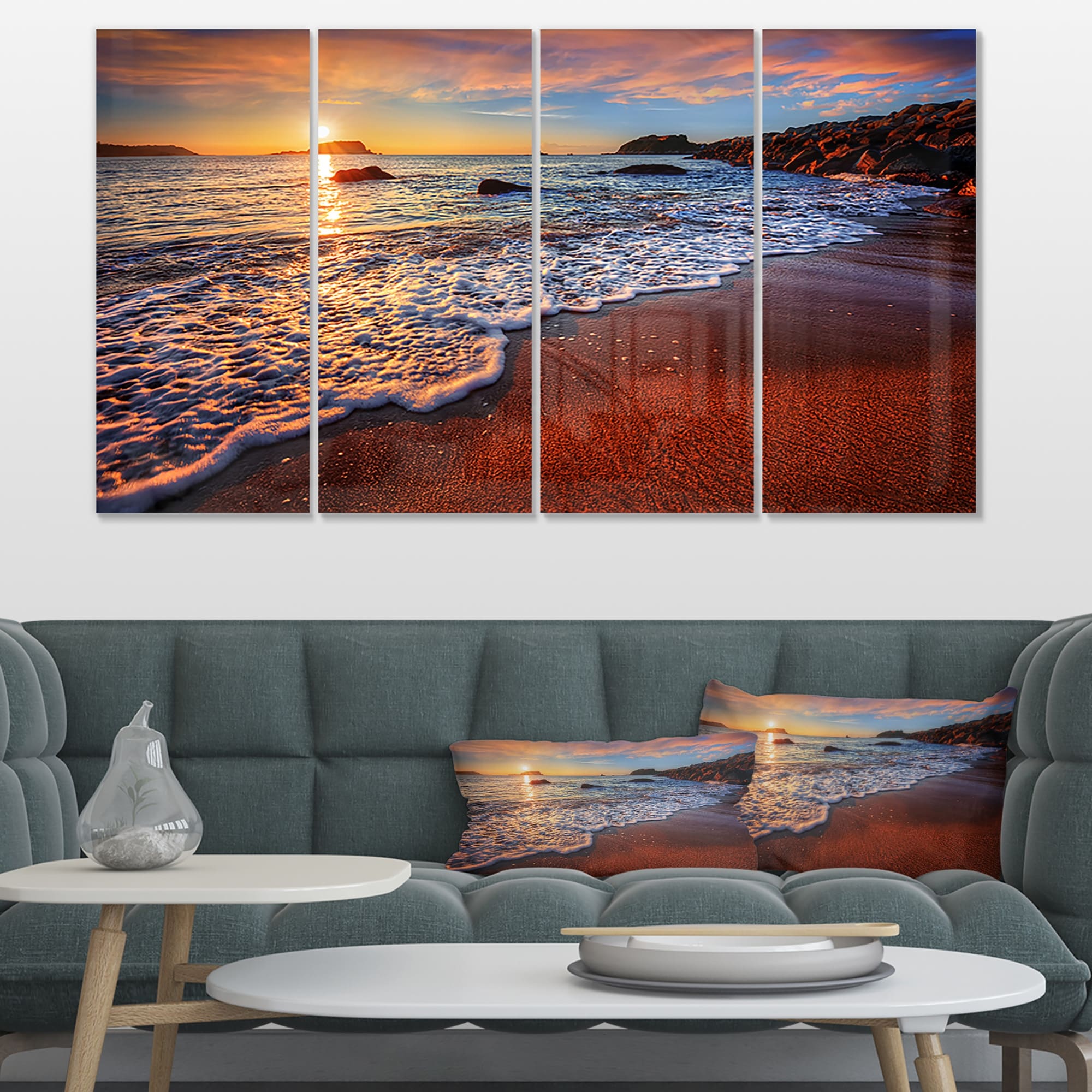 Purple Sunset Beach Twilight Photo Print Wall Art Calming Large Wall Art 5 Panel 