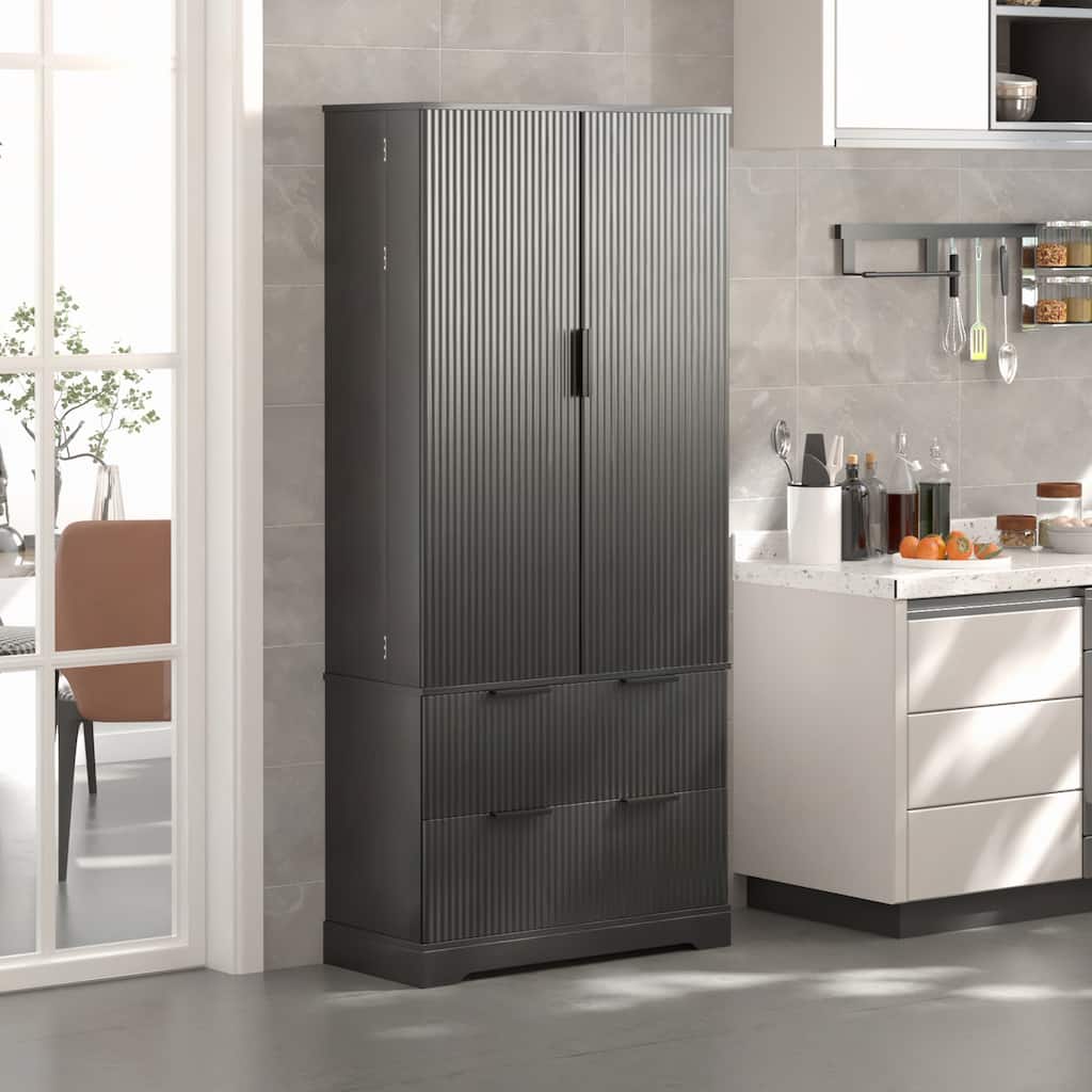 72" Modern Fluted Kitchen Pantry Cabinet,Entryway, Black