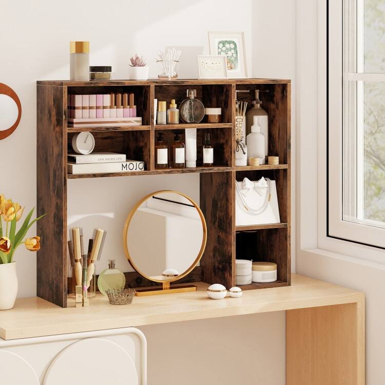 Engineered Wood Desk Hutch with Adjustable Shelves 7 Cubby Desktop Bookshelf Organizer for Home Office - 37" x 10" x 31"
