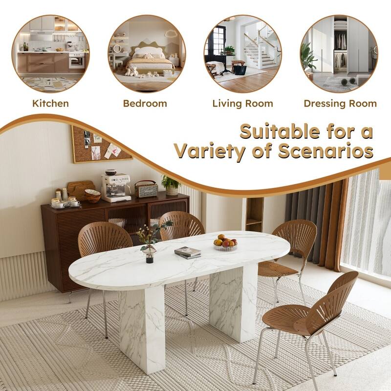 62.9" Oval Marble Top Kitchen Dining Table with Wood Strip Base and Waterproof Scratch Resistant Surface