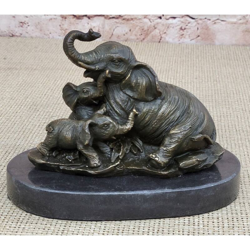 Elephant Mother And Babies Bronze Statue Sculpture Miniature Collectible 5 Inches X 6 Inches