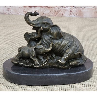 Elephant Mother And Babies Bronze Statue Sculpture Miniature Collectible 5 Inches X 6 Inches