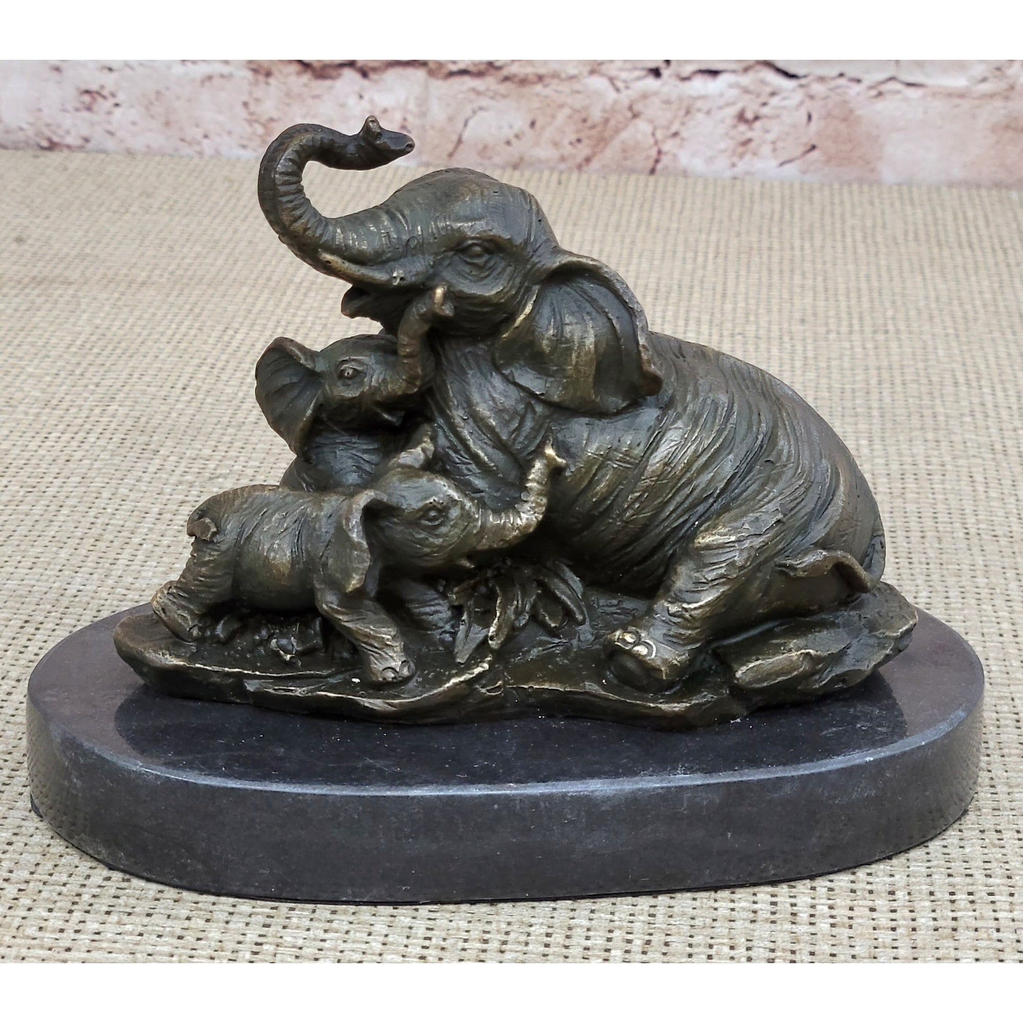 Elephant Mother And Babies Bronze Statue Sculpture Miniature Collectible 5 Inches X 6 Inches