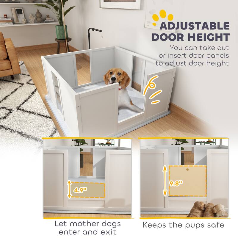 PawHut Whelping Box for Dogs, Newborn Puppy Supplies with Retractable Light Stand, Waterproof Pee Pad, Adjustable Height Door