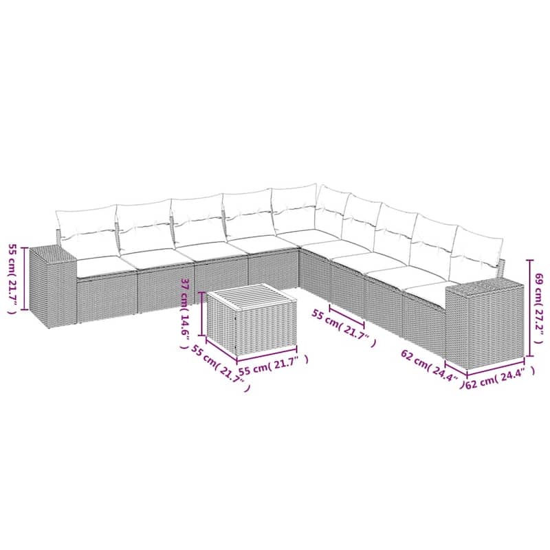 vidaXL Patio Sofa Set with Cushions Outdoor Furniture 10 Piece Poly Rattan - 21.7 x 21.7 x 14.6