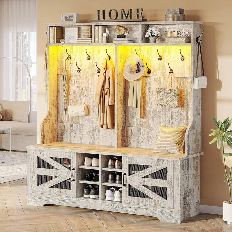 Hall Tree w/ Bench Shoe Storage Shoe Cubby Barn Door Adjustable Shelf