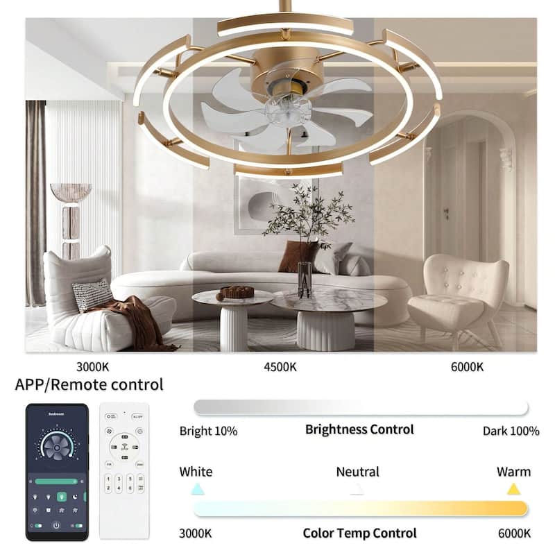 Cusp Barn 24-Inch Dimmable LED 6-DIY Shape Smart Ceiling Fan With Light, 6-Speed Reversible Ceiling Fan Light With Remote