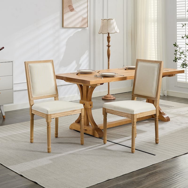 Dining Chairs with Backrest and Carved Solid Wood Frame (Set of 2) - Beige