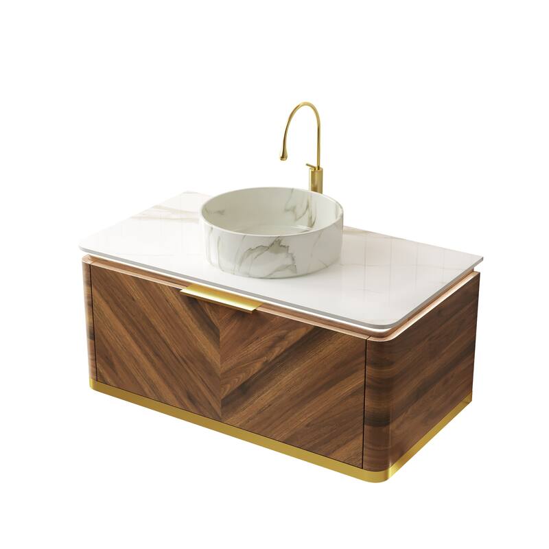 GDFStudio - Dipa Modern 36" Floating Bathroom Vanity with Drawer, Sensor Light & Marble Pattern Ceramic Basin, WITHOUT Faucet
