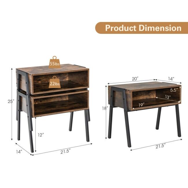 2 Pieces Stackable Night Stand Bedside End Table Set - 21" x 14" x 18" (L x W x H)