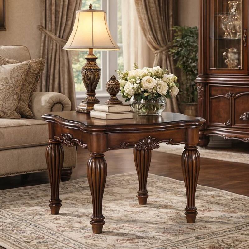 Wooden End Table with Carved Details, Cherry Brown