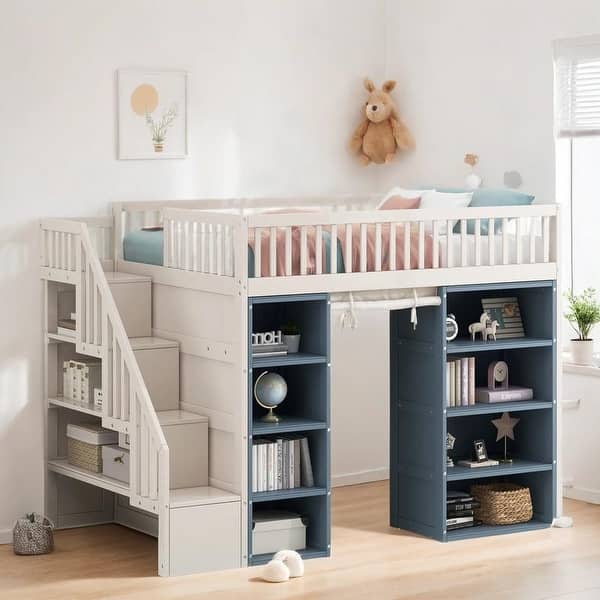 slide 2 of 11, Multi-Functional Full Size Loft Bed with 2 Four-layer Storage Cabinets and Curtain, Large Storage Space, White+Blue Blue
