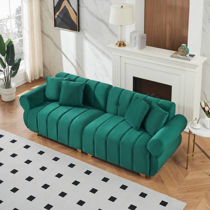 spring-wrapped Sofa cushions with stylish metal feet and 4 throw pillows