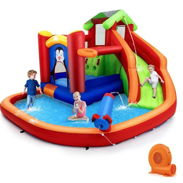 slide 2 of 10, Gymax Inflatable Slide Bouncer and Water Park w/ Splash Pool Water Kids