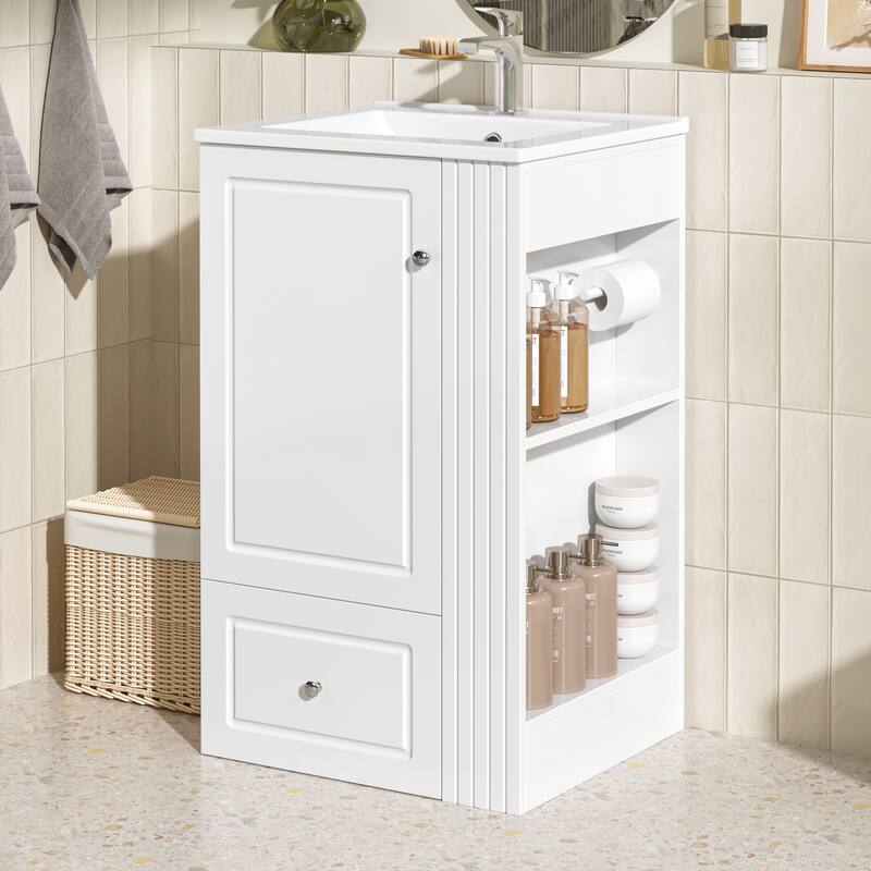 Anmytek 20 Inch Small Bathroom Vanity Ceramic Sink Soft Close Drawer Side Shelves - Painted - White