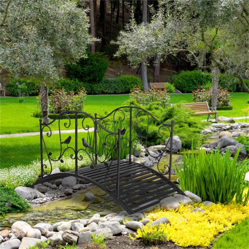 Black Bird Pattern Arched Handrail Courtyard Iron Bridge - Black