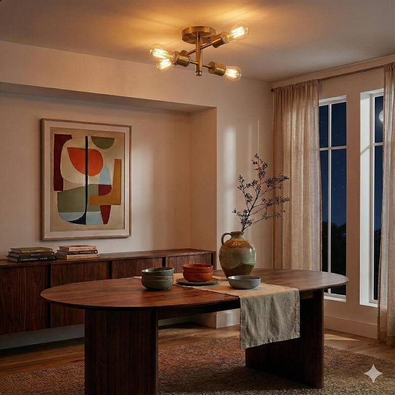 Raleni Retro 4-Light Semi-Flush Mount Ceiling Fixture - Gold Brass