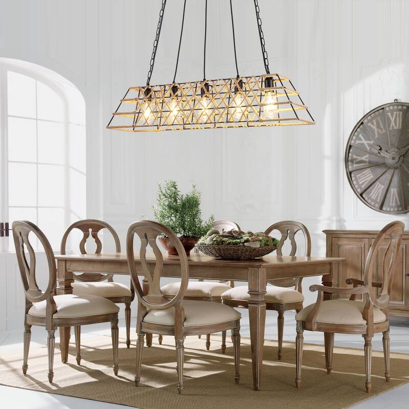 5-Light 39.4 in. Hemp Rope Trapezoid Chandelier for Living Room
