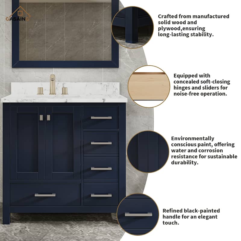 36 in. W x 22 in. D x 35.4 in. H Bath Vanity in Navy Blue with White Top and Basin