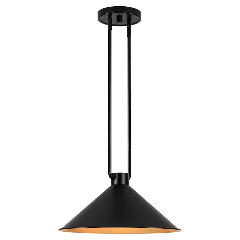 1-Light Vintage Industrial Black and Gold Interior Metal Cone Pendant Light with Adjustable Rods - 15.75 in. W x 7.48 in. H