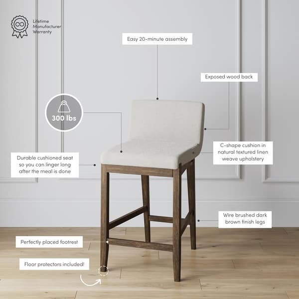 dimension image slide 3 of 11, Gracie Modern Bar Stool, Boucle Upholstered Chair and Brushed Wooden Legs