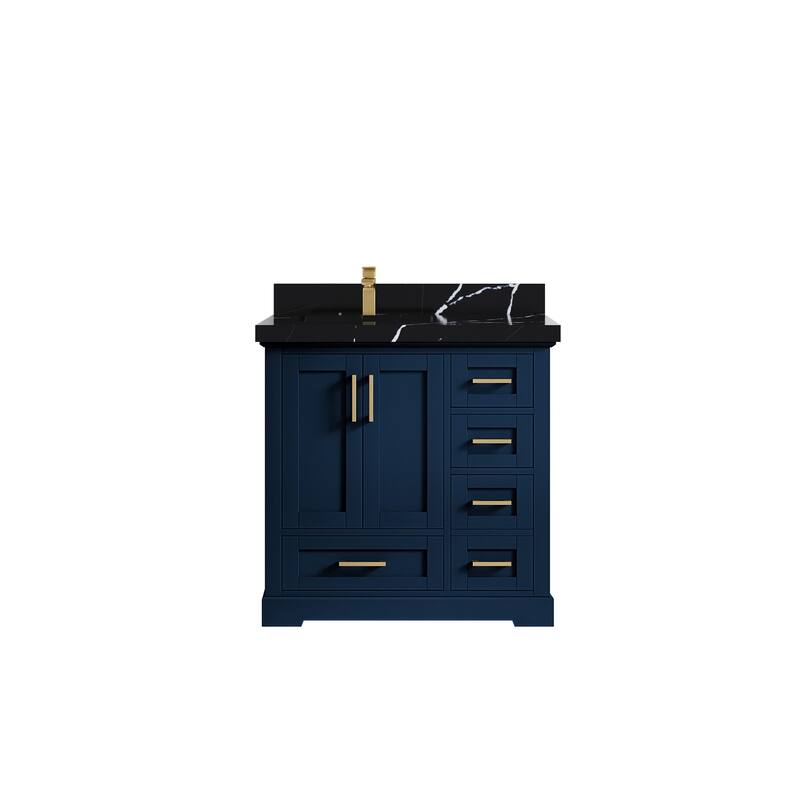 Willow Collections 36 x 22 Boston Left Offset Sink Bathroom Vanity with Quartz or Marble Countertop - 2"Calacatta Black - Navy Blue