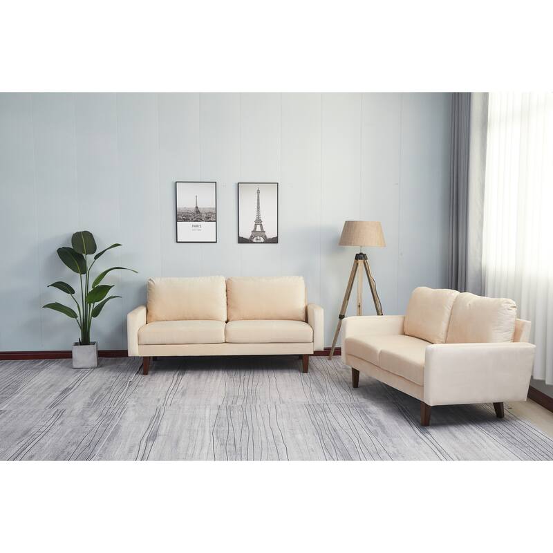 Beige Sofa with Wood and Fabric, 70x33x34 inches