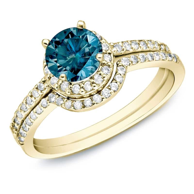 Auriya 14k Gold 1ctw Round Blue Diamond Halo Engagement Ring Set - Yellow - 4