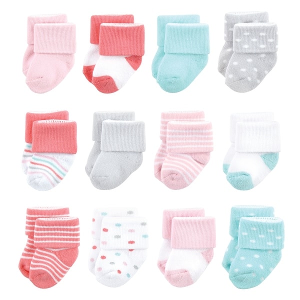 slide 1 of 1, Luvable Friends Baby Girl Newborn and Baby Terry Socks, Coral Dots 12-Pack Coral Dots - 0-6 Months